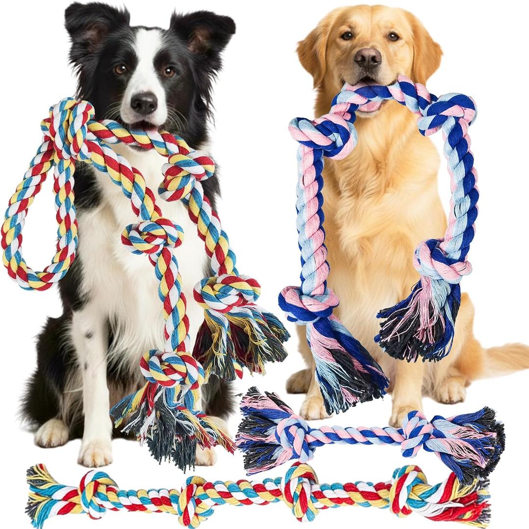 Rocfish 4 Pack Dog Rope Toys for Aggressive Chewers, Tough Tug of War Dog Toys for Large, Medium & Small Dogs, 100% Cotton Teeth Cleaning Chew Toys, Heavy Duty Tug Toy to Relieve Dog Boredom (Multicolour)