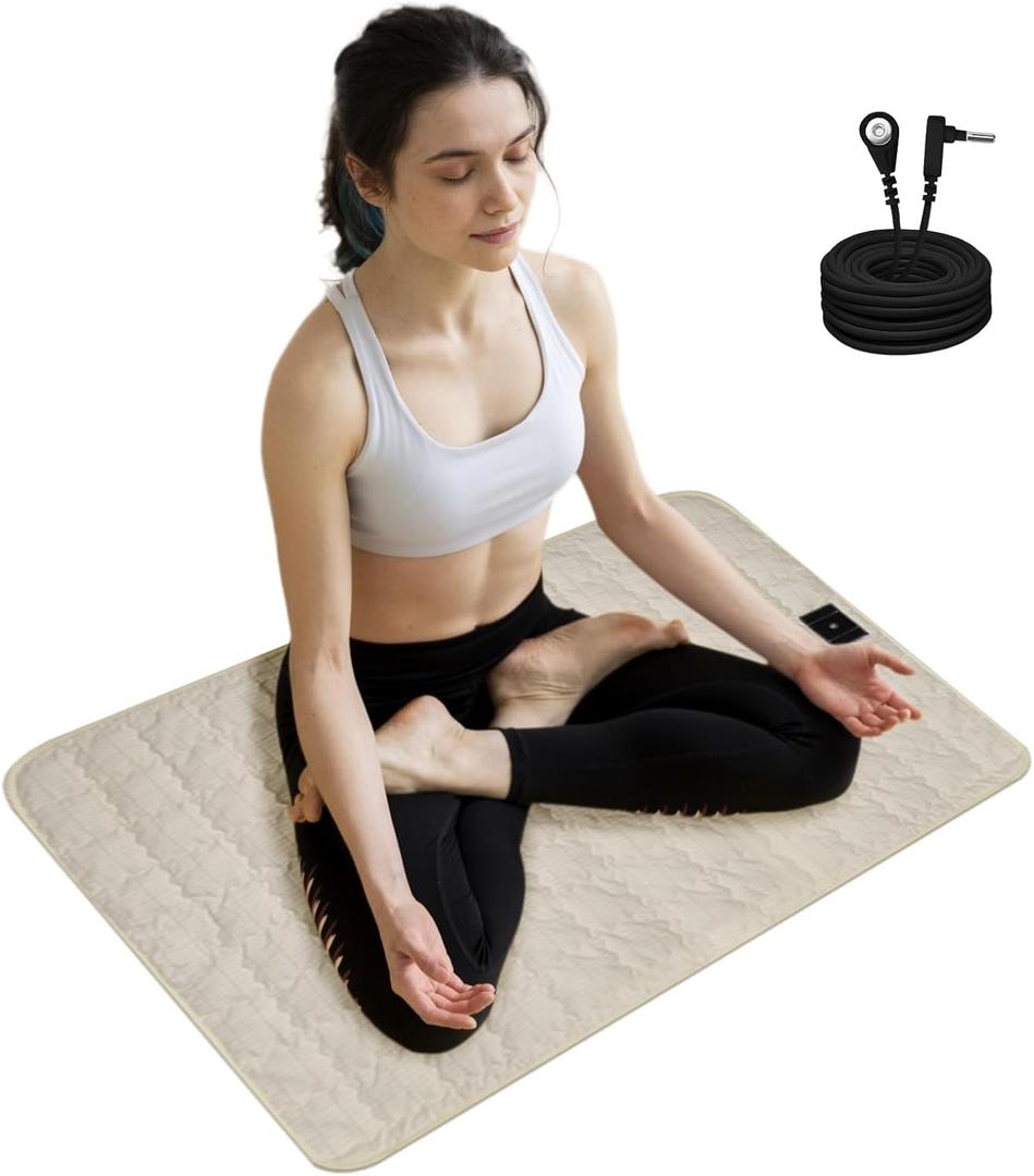 Grounding Mat for Feet 24"x35", Grounding Pad Anti-Slip Mat, Grounding Blanket Soft Cotton & Silver Fiber, Grounding Sheet for Enhanced Sleep, Stress Relief (Cream) (Small)