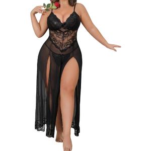 Plus Size Lingerie For Women Babydoll Sexy Mesh Maxi Nightdress Exotic Sleepwear Side Slits (5X-Large, Black)