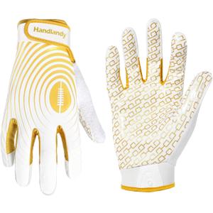 HANDLANDY Youth Football Gloves, Kids Sticky Receiver Gloves,Super Grip Football Glove Best Gift for Boys,Girls (X-Small-Youth, White and Gold)