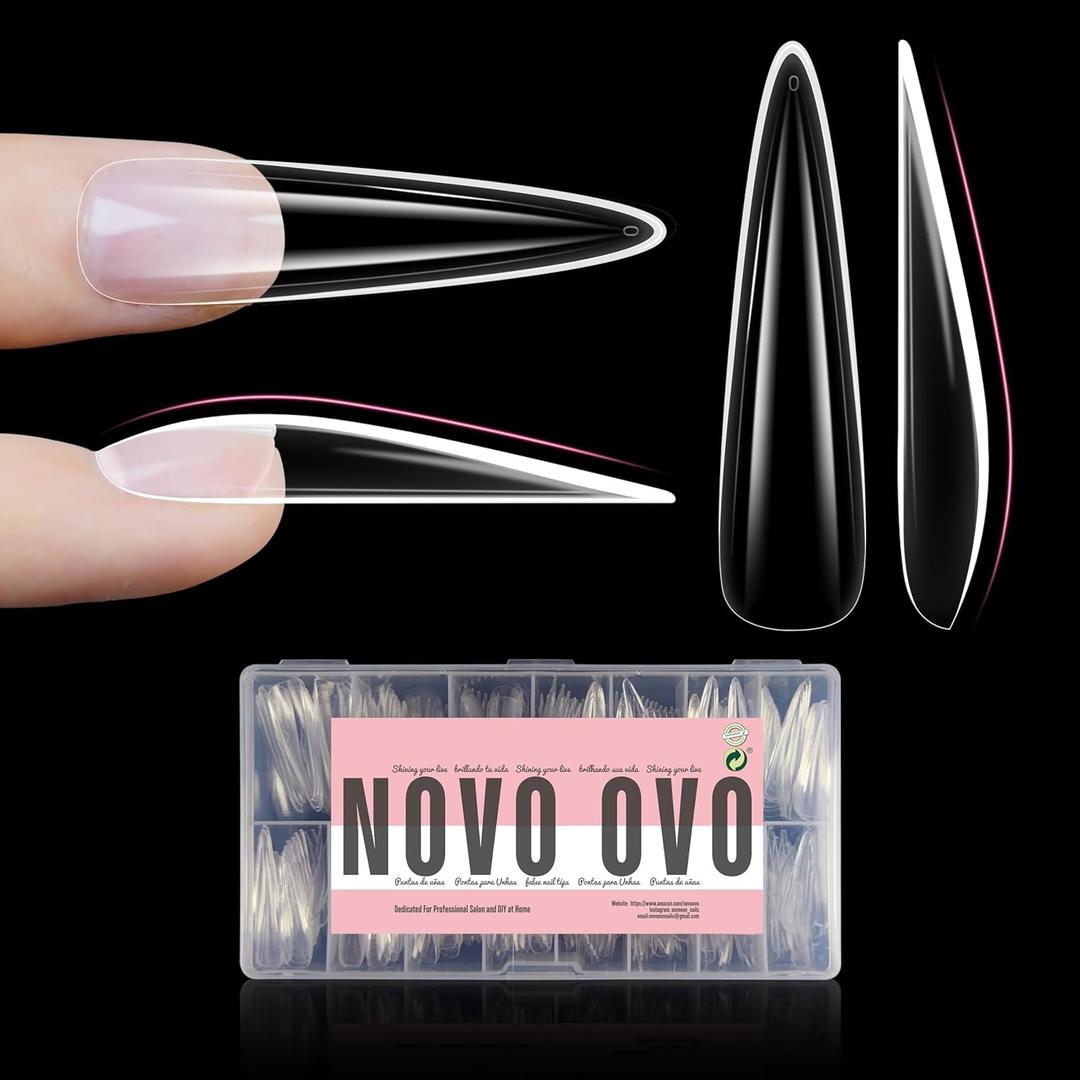 NOVO OVO Halloween Sculpted XXL Stiletto Almond Nail Tip for Curved Nail Beds, Extra Thick Long False Nails Press on, Full Cover Soft Gel Extension Fake Nail for Acrylic kit, Clear X 15 Sizes 300pcs