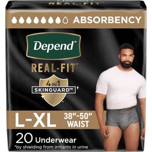 Depend Real Fit Adult Diapers, Incontinence Underwear for Men, Disposable, Maximum Absorbency, Large/Extra Large, Grey, 20 Count, (Gray) L-XL