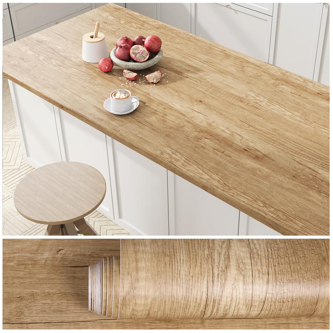VEELIKE Thick Wood Contact Paper Peel and Stick Rustic Oak Wood Wallpaper for Countertops Table 32''x118'' Wide Countertop Contact Paper Waterproof Self Adhesive Wooden Vinyl Wrap for Kitchen Bathroom
