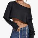 SweatyRocks Women's Off The Shoulder Boat Neck Y2k Crop Top Long Sleeve Solid Basic Loose Sweatshirt L