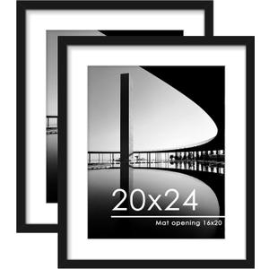 PEALSN 20x24 Picture Frame Set of 2, Display Pictures 16 x 20 with Mat or 20 x 24 without Mat for Wall Mounting Display, Poster Frames, Black