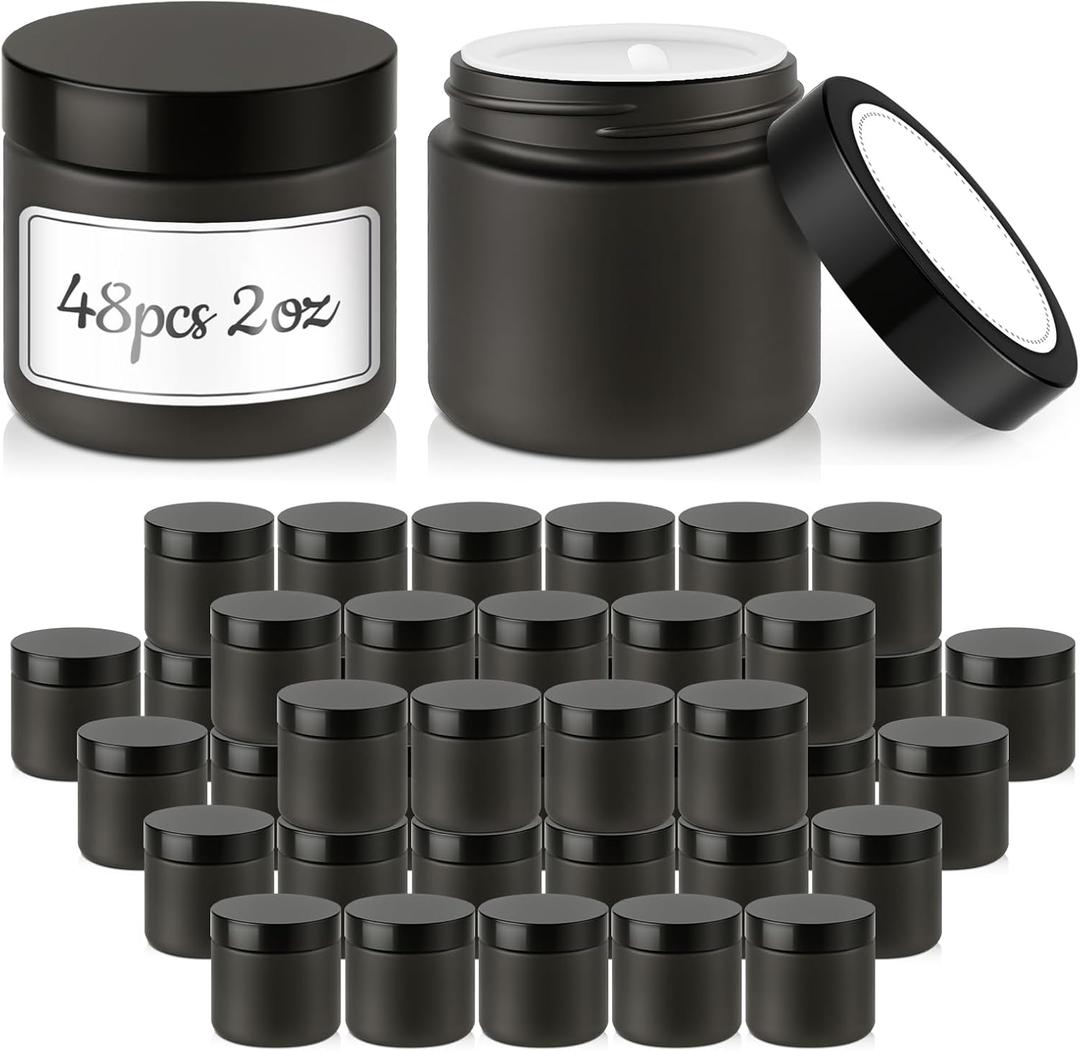 2 oz Glass Jars with Lids, Bumobum 48 pack Black Cream Jars with Black Lids, Black and White Labels & Inner Liners, Empty Cosmetic Containers for Cream, Lotion, Ointment