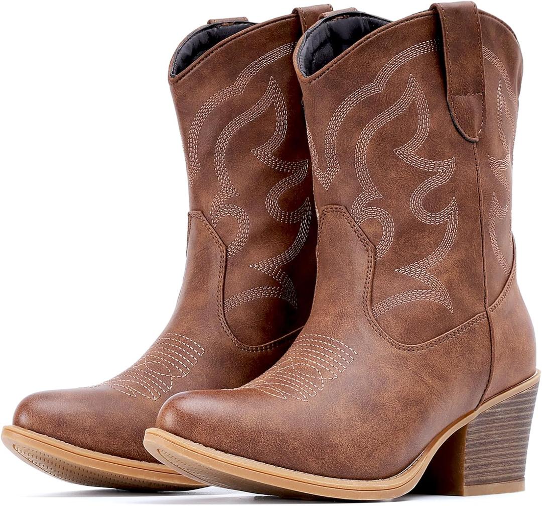 IXU Cowboy Boots for Women Wide Suede Ankle Western Cowgirl Boots Mid Calf Pointed Toe Short Chunky Classic Booties (Brown), Size: 8