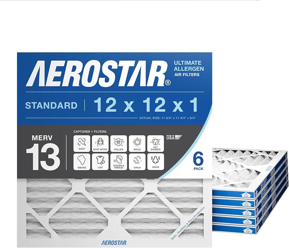 Aerostar 12x12x1 MERV 13 - 6 Count - Pleated HVAC, Furnace & Air Conditioner Filters - Removes Bacteria, Dust, Cold & Flu Germs, Lint, Mold, Pet Dander, Allergy-Causing Pollen, Smog, Smoke & Viruses