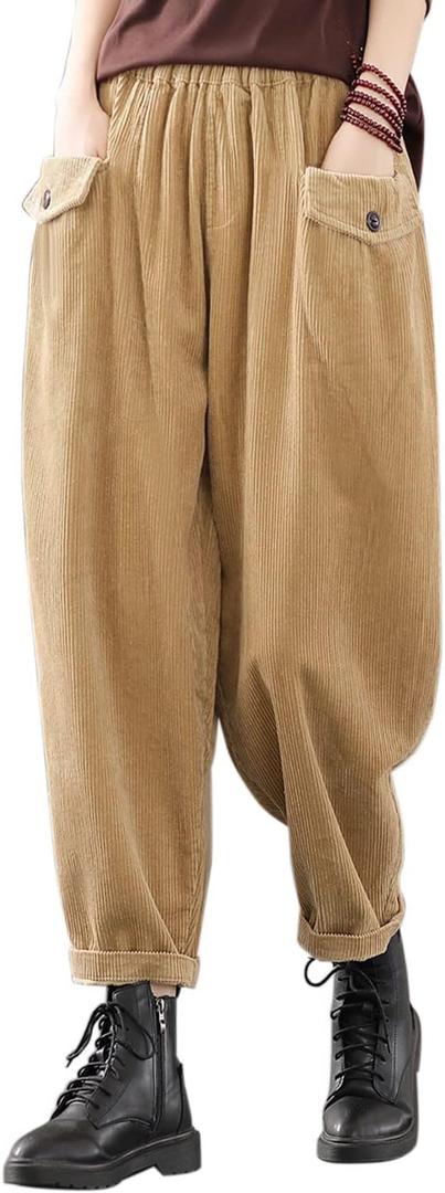IXIMO Women's Cropped Corduroy Pants Casual Comfy Elastic Waist Cotton Trouser Front Pockets Brown L