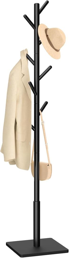 Yawinhe Coat Rack, Sturdy Woode Stand Tree with 8 Hooks, 3 Adjustable Height for Bedroom, Hallway, Entrance, Office, 11.8 x 70.8 inches, Black, 1-Pack, Square Base