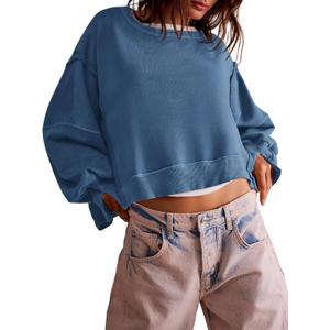 Zwurew Womens Casual Sweatshirt Long Sleeve Tops Crewneck Loose Fit Tee Pullover Crop Tshirt Side Slit Fall Fashion 2024 (Small, Blue)