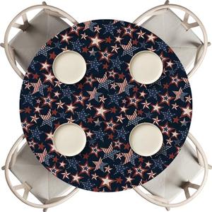 Horaldaily 4th of July Fitted Tablecloth 45"-56" Round, Wooden Vintage Rustic Dark Blue Patriotic Washable Table Cover Elastic Edged for Dinning, Picnic, Camping, Banquet