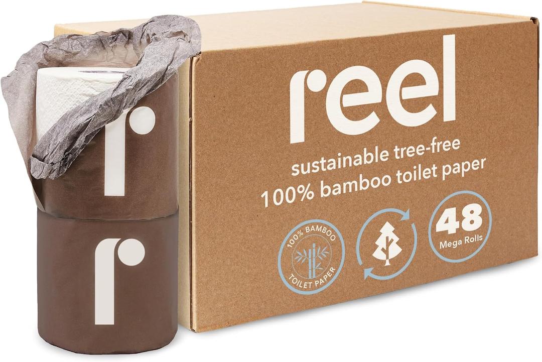 Reel Premium Bulk Bamboo Toilet Paper - 48 Rolls of Toilet Paper - 3-Ply Made From Tree-Free - Zero Plastic Packaging, Septic Safe