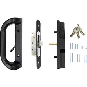 Sliding Patio Door Handle Set with Key Cylinder and Mortise Lock Fits 3-15/16 Screw Hole Spacing, Sliding Glass Door Latch Lock Replacement Part Fits Door Thickness from 1 in to 1.75 in (Black)