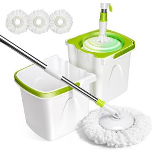 Masthome Small Spin Mop,Mop and Bucket Set,Microfiber Spin Mop with Bucket Detachable |Easy to Store|Adjustable Stainless Handle|3 Microfiber Heads|Mop and Bucket with Wringer Set for Home (White+green)
