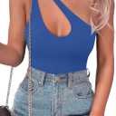 SAUNGKUAI Women's Sexy One Shoulder Sleeveless Cutout Thong Bodysuit Tank Top Body Suits V Backless Tummy Control Shapewear (Medium, Royalblue)