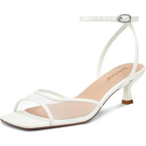 ISNOM Womens Mesh Kitten Heels Sandals Square Toe Ankle Buckle Strap Low Heels Comfort Summer Dress Shoes (Size 8.5)