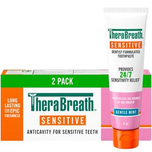 TheraBreath Sensitive Toothpaste, 24/7 Sensitivity Relief (1), with Fluoride for Anticavity Protection, Gentle Mint, 4 Oz, 2-Pack