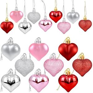 36Pcs Valentines Heart Shaped Ornaments - Valentines Heart Decorations - Red Pink Silver Glitter Heart Shaped Baubles - Romantic Christmas Valentines Tree Hanging Decorations