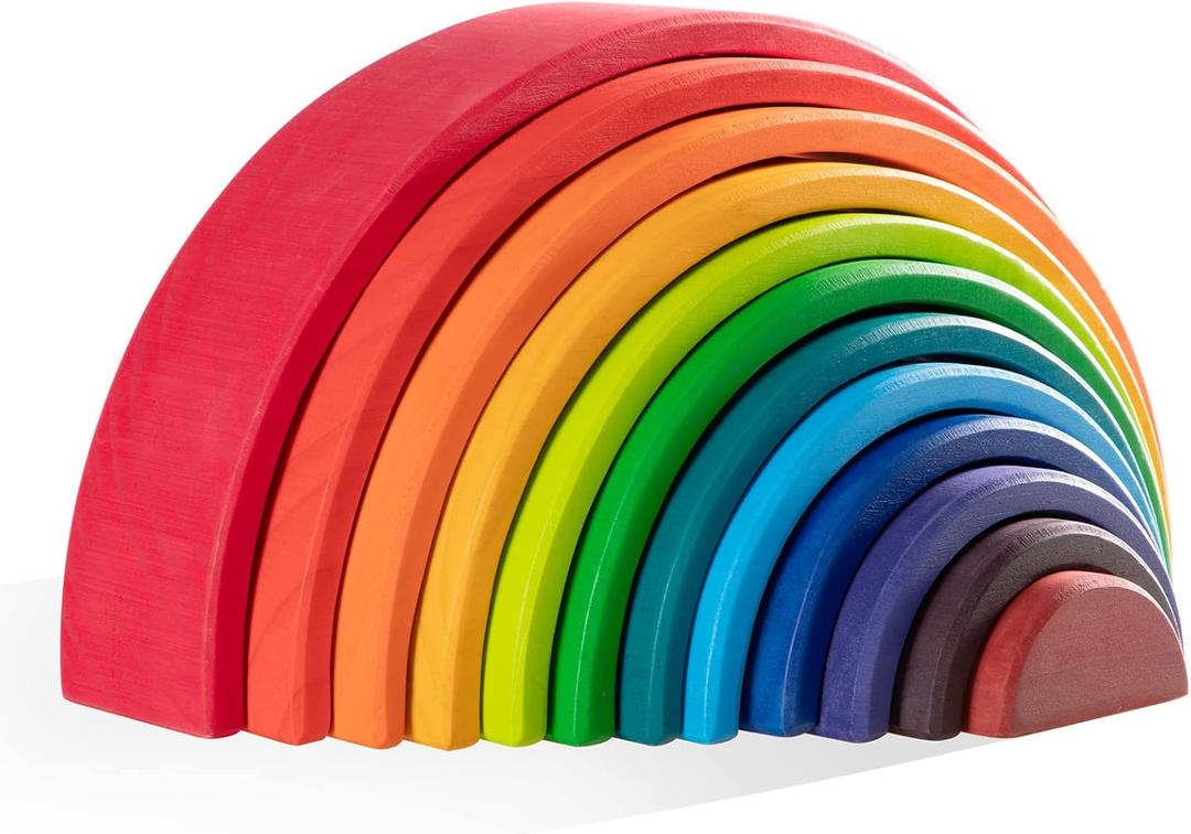 Wooden Rainbow Stacking Toy - 12 Pieces Extra Large Montessori Wooden Stacking Arch Educational Toys, Nesting Puzzle Building Blocks for Kids Toddlers (Rainbow Stackers)