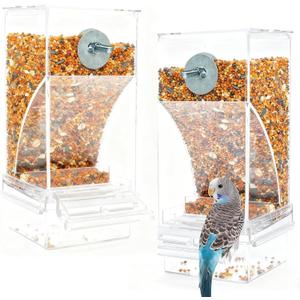 2Pcs Automatic Bird Feeder for Cage No Mess Parakeet Feeder Seed Food Container Feeding Station Cage Accessories for Small Birds Parrot Cockatiel Canary Lovebirds (Transparent)