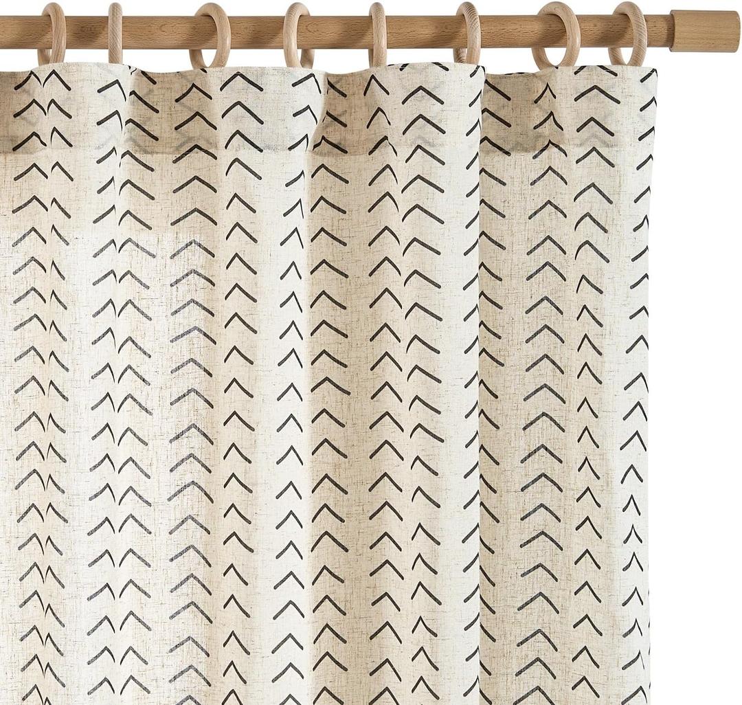jinchan Linen Boho Curtains for Living Room Semi Sheer Curtains for Bedroom 63 Inches Long Herringbone Printed Farmhouse Drapes, Rod Pocket Window Treatment Curtain Set of 2 Panels Black on Linen