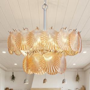 17.7" Modern Boho Chandelier 5-Light Luxury Shell Glass Pendant Light Fixture Amber 2 Layer Adjustable Height Coastal Seashell Hanging Lamp for Dining Rooms Living Room Bedroom Hotel, Medium