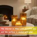 Gold Glass Flameless Pillar Candles,LED Fake Candles Battery Operated Set of 3(Hello Happy and Smile)