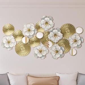 Briwooody Metal Flower Wall Decor Ivory Metal Plates Mirror Wall Art Rustic Modern Floral Sculpture Floral Blossom Sculpture for Bedroom Living Room Dining Room(Gold,Flower)