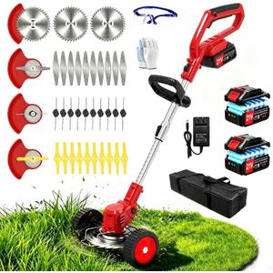 Electric Weed Wacker Cordless with Wheels,21V Lightweight Electric Weed Eater Battery Powered,4 in 1 Grass Trimmer/Brush Cutter/Lawn Edger/Lawn Mower,No String Trimmer Battery Operated for Garden Yard