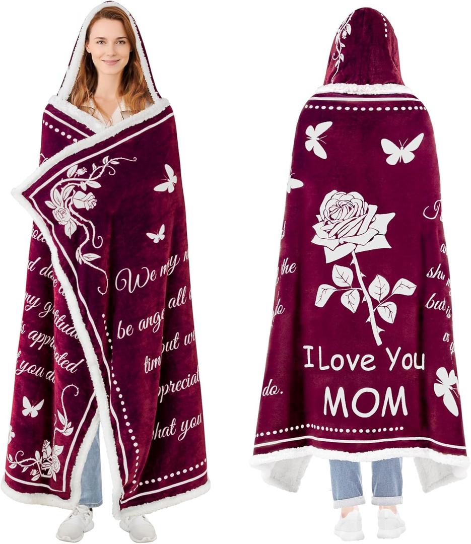 Mothers Day Gifts for Mom, Wearable Hoodie Blanket for-Mothers, Mom blanket Gifts from Daughter, Son, Husband, Sherpa Fleece Mother Blankets, Soft Birthday, Wife, Mama, Red (50*70)