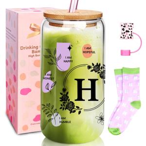 4 x ANOTION Cute Cups - Ini-Tial Gifts White Elephant Gag Christmas Gift for Women Inspirational Gifts for Women Monogrammed Gifts Personalized Birthday Gifts for Women Cute Coffee Cups, 18 Ounces