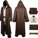 Jedi Robe Costume Outfit 4PCS, Jedi Tunic Pant Belt Suit for Adult Men Halloween Cosplay Outfit, Brown (XX-Large)