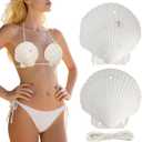 2 Pairs Seashell Bras with Cord - Hawaiian Party Mermaid Tops for Music Festivals, Halloween, Costume Events, Tropical-Themed Weddings, and Cosplay, Pearl White