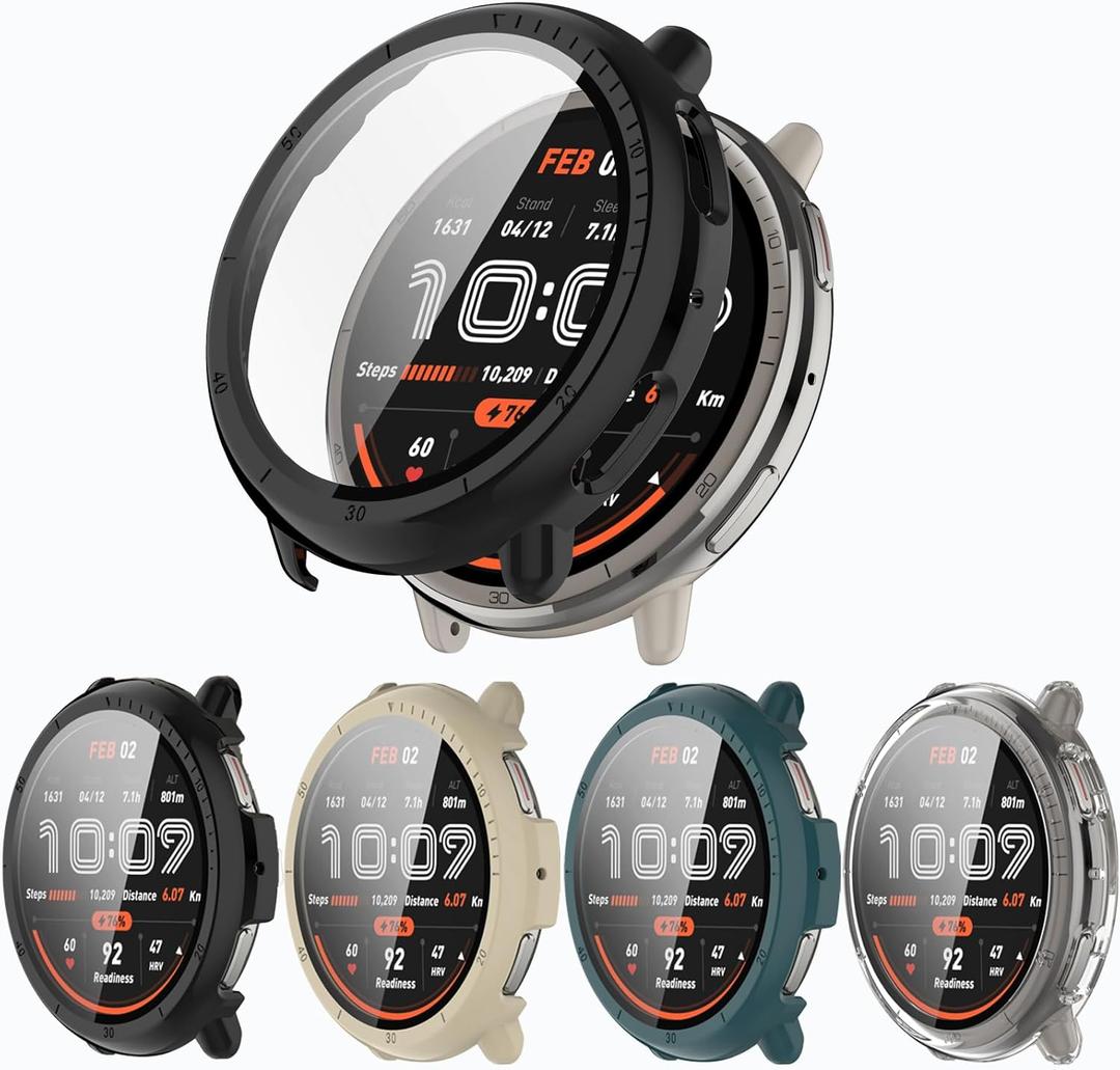 4-Pack Screen Protector Case with Tempered Glass Compitible with Amazfit Active 2 Smart Watch, Hard PC Case Screen Protector Cover Bumper Accessories for Women Men