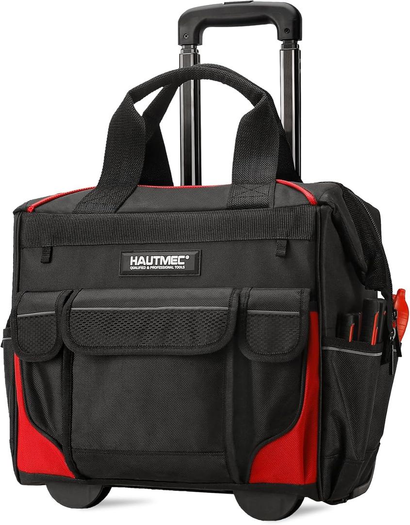 HAUTMEC 14.5" Rolling Tool Bag with Wheels, 25-Pocket Portable Tool Box Organizer with Water-Resistant Oxford Fabric, Wide-Mouth Design, Oversized Wheels & Telescoping Handle - HT0179