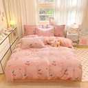 LMONMOO Pink Duvet Cover Queen Size, Fluffy Comforter Cover Set, Kawaii Bedding Sets for Girl Ultra Soft Cute Floral Bed Set for Kids (Pink, Queen)