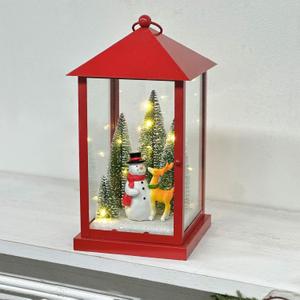 Scenic Lighted Christmas Lanterns, 11 Tall Square Red Lantern Battery Operated Built-in Timer with PS Panels