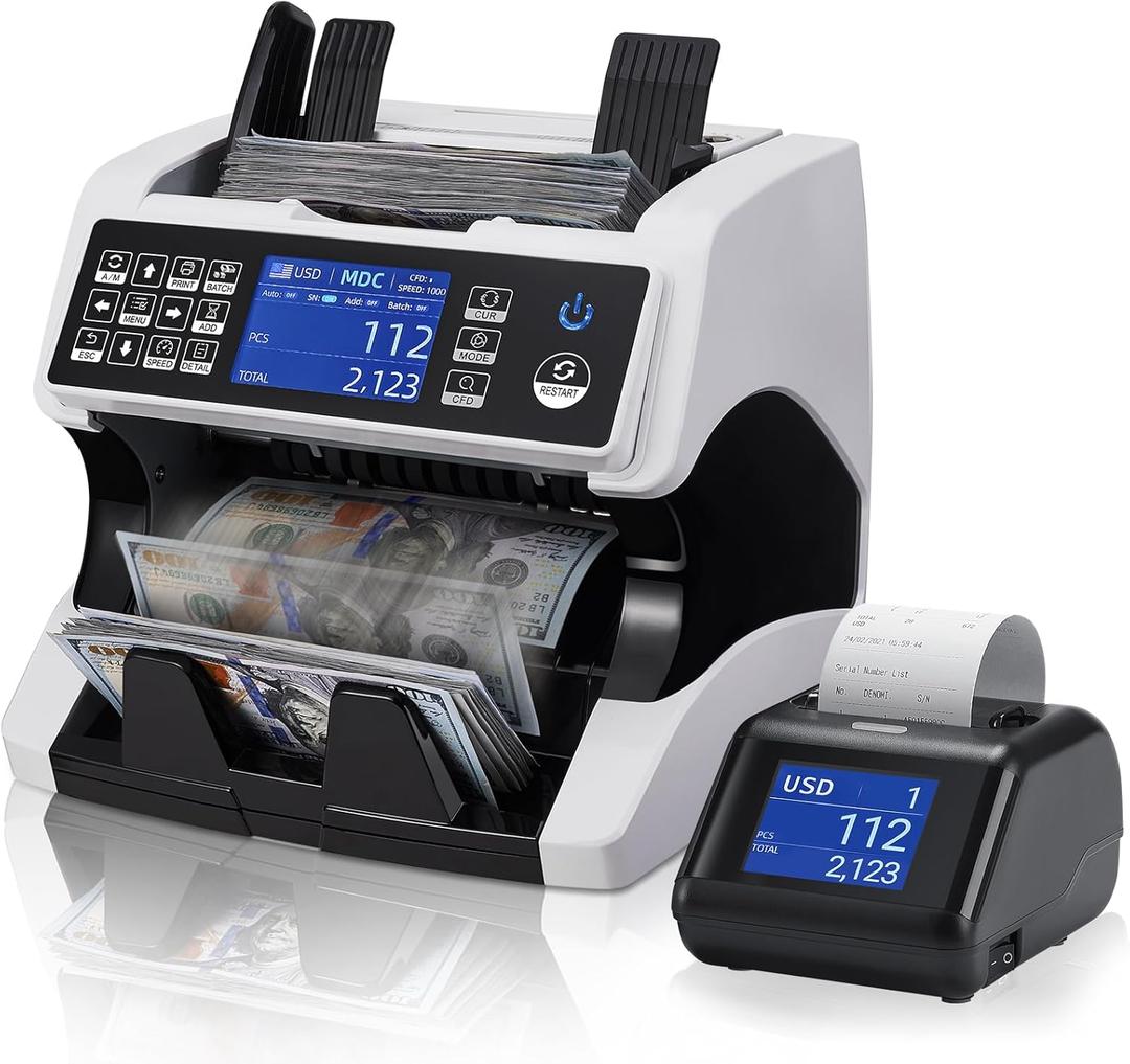 MUNBYN Bank Grade Money Counter Machine Mixed Denomination with External Display+Printer in One, Value Counting, Serial Number, Multi Currency, 2CIS/UV/IR/MG/MT Counterfeit Detection