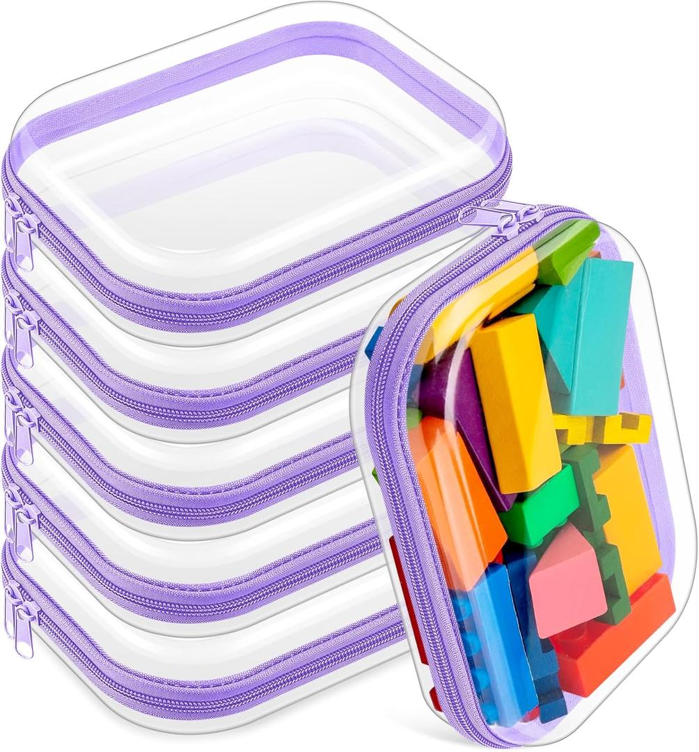 Sanwuta 6 Pcs Clear Hard Zipper Case Plastic Zipper Pouches Transparent Makeup Bag Pencil Case Pouches Toiletry Diaper Bag for Travel Toy Storage Organizer Bins(Purple,7.87 x 5.9 x 2 Inch)