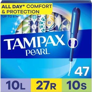 Tampax Pearl Tampons Multipack, with LeakGuard Braid, Light/Regular/Super Absorbency, Unscented, 47 Count