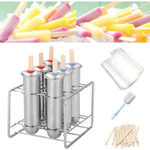 Set of 6 Stainless Steel Popsicle Molds Kit, Metal Popsicle Moulds,Homemade Ice Treat Makerwith 50 Wooden Sticks and 6 Silicone Seals and 20 Pop Bags,Cleaning Brush