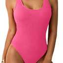 Limeeke Women One Piece Swimsuit Solid Ribbed Monokini Swimwear Scoop Neck Low Back Bathing Suit, XL