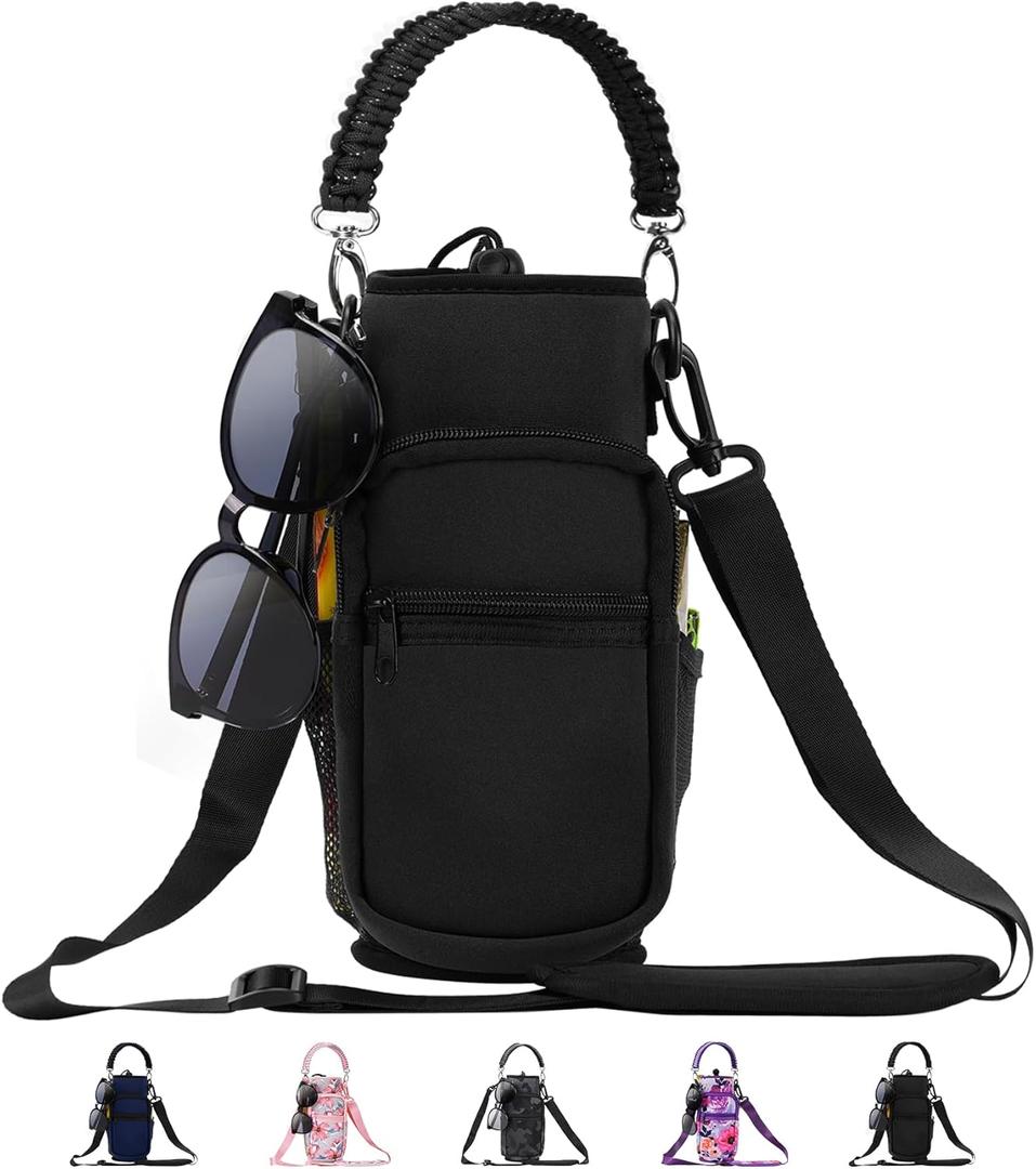 AceTreker 32/40/64/87/128 oz Water Bottle Carrier Bag, Neoprene Water Bottle Sleeve with 4 Pocket, Sport Water Holder with Paracord Handle and Shoulder Strap for Walking Hiking Camping Gym