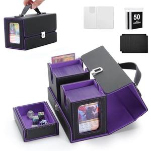 MTG Deck Box, Commander Deck Case Fits 200+ Double-Sleeved Cards, 3-in-1 Magnetic Card Storage Box,Removable Deck Case for TCG/Sports Cards with Handle＆Dice Tray（Black Purple）