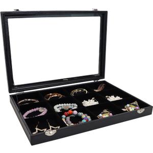 Wudygirl Jewelry Tray 12 Grid Jewelry Organizer with Clear Lid Bracelet Holder Organizer Display Case Removable, Black Velvet (12 Grid)