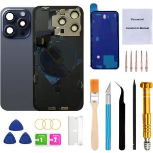 Rear Back Glass Replacement for iPhone 15 Pro 6.1-inches with Reparing Tool Kit and All Necessary Parts (Blue Titanium)