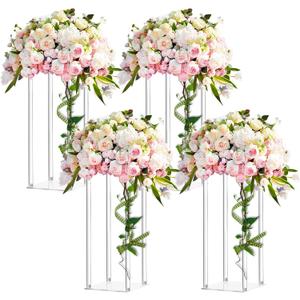 Geetery 4 Pieces Tall Acrylic Vase Wedding Centerpieces Clear Flower Stand Column Geometric Floral Vase Elegant Display Holder for Birthday Party Wedding Table Decorations (16 Inch)