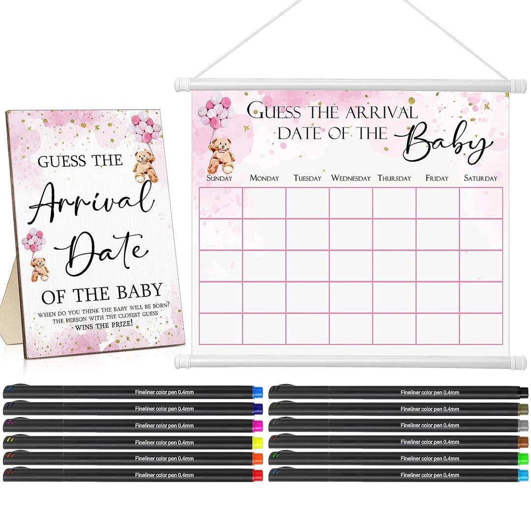 Sintuff Guess The Due Date Baby Shower Game Include 1 Pcs Guess The Arrival Date of The Baby Wooden Sign 1 Pcs Bear Predictions Sign Calendar with 12 Pcs Colored Pens for Game Party Favor(Pink)