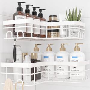 Sakugi Corner Shower Caddy - 2 Pack, Adhesive Shower Organizers, Rustproof Stainless Steel Shower Shelves with 8 Hooks, No Drilling Bathroom Organizers and Storage Racks, Space-Saving, White, X-Large